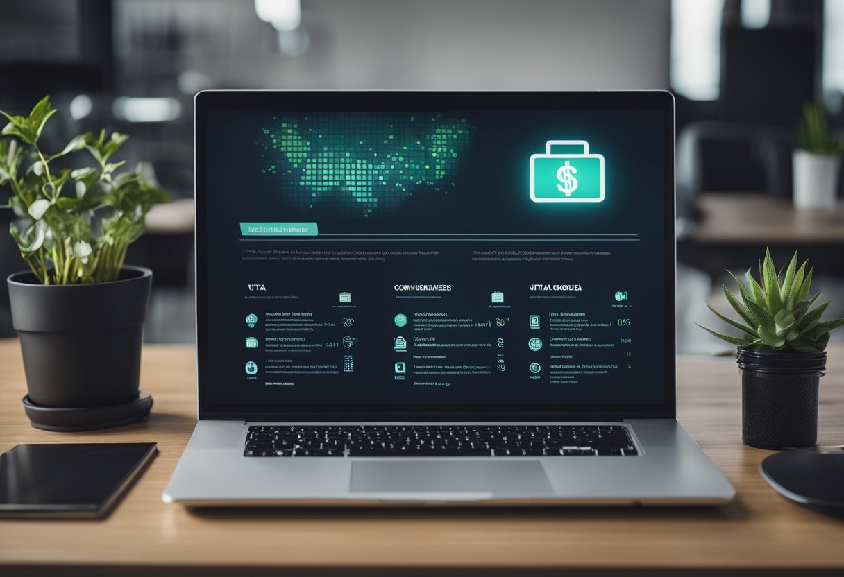 Uma tela de computador exibindo o site Utua, com ícones representando várias habilidades pessoais e um sinal de dólar simbolizando ganhar dinheiro online.