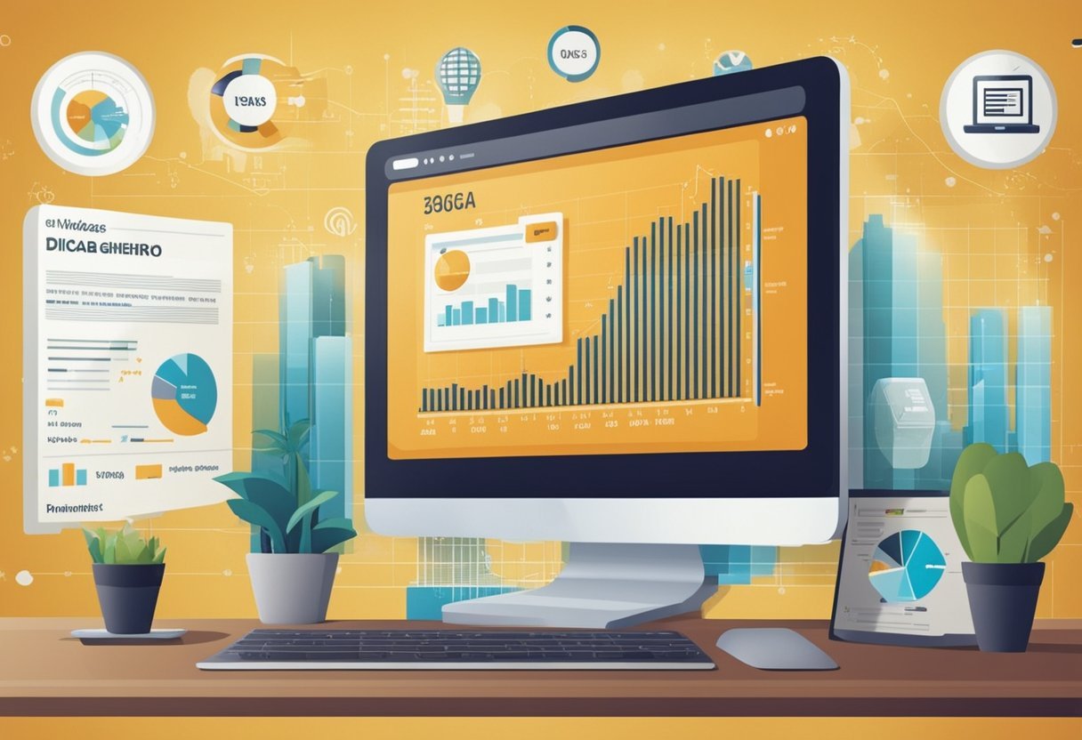 Uma tela de computador exibindo uma página da web com "5 dicas para ganhar dinheiro pela internet" do utua.com.br, cercada por gráficos e tabelas financeiras.
