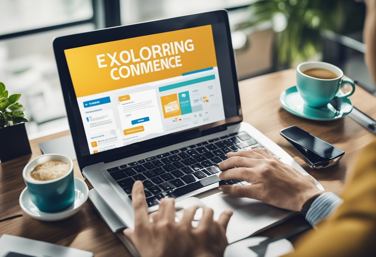 Uma tela de computador exibe uma página da web com o título "Explorando o comércio eletrônico: 5 dicas para ganhar dinheiro online!" A página é do utua.com.br, com gráficos e ícones coloridos.
