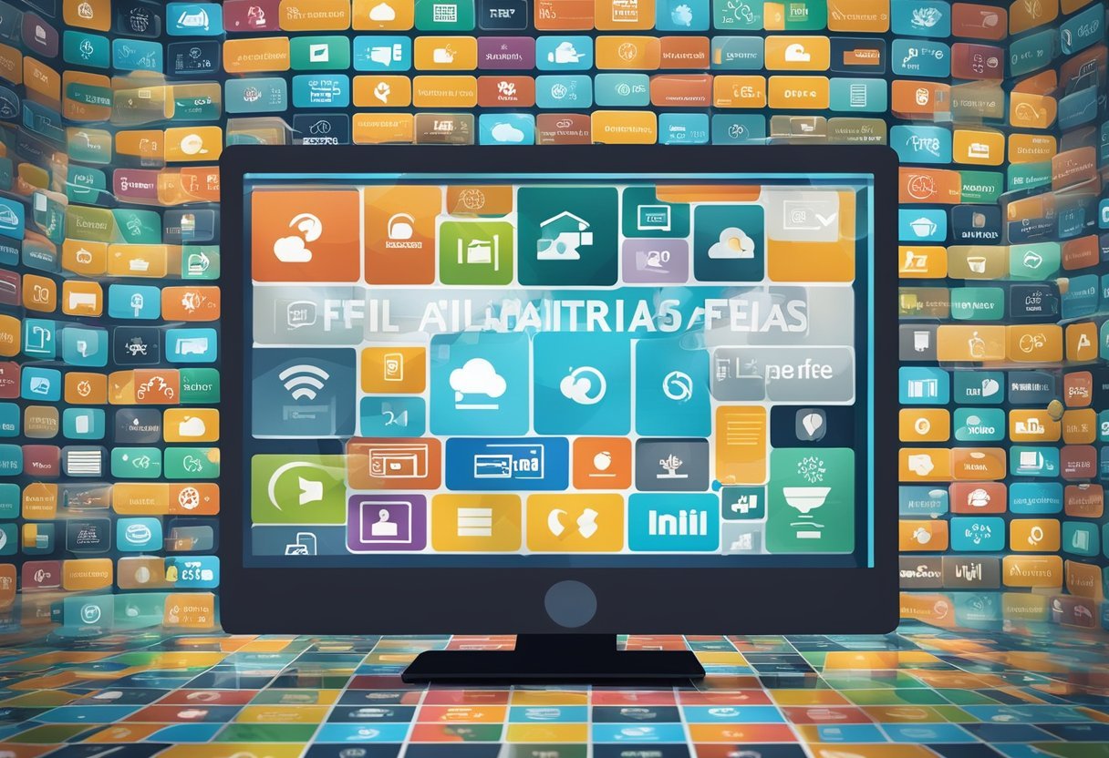 Uma tela de computador exibindo o artigo "Marketing de Afiliados e parcerias digitais: 5 dicas para ganhar dinheiro pela internet!" do utua.com.br. Ícones de marketing de afiliados e parcerias digitais cercam a tela.